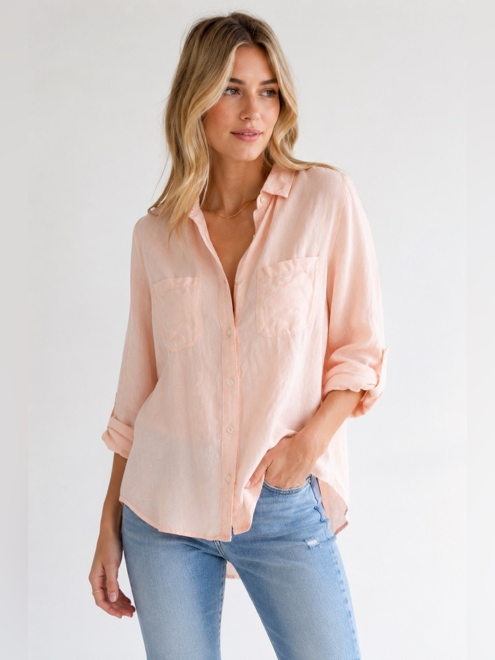 Cloth & Stone 100% Linen Peach Button Up Shirt Women’s XS High Low Anthropologie
